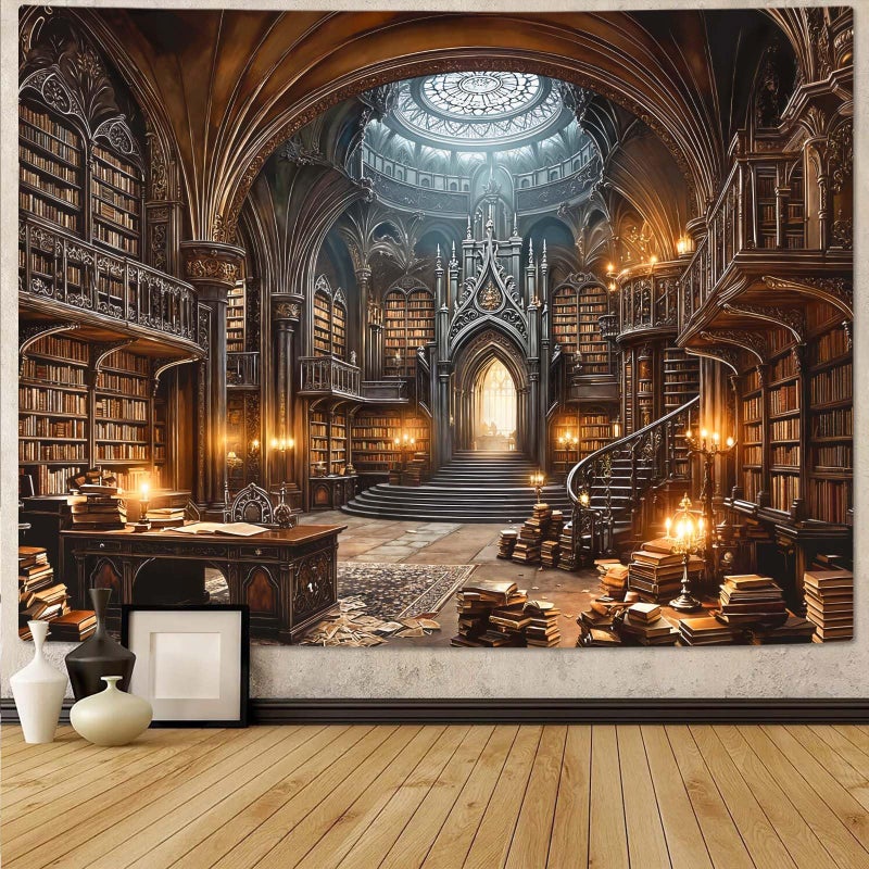 Accnicc Gothic Library Tapestry Medieval Bookshelf Tapestries Wall Hanging Goth Vintage Dark Academia Hall Book Library Backdrop Large Tapestry for Bedroom Living Room Dorm Classroom 80 x 60 inch - Image 1