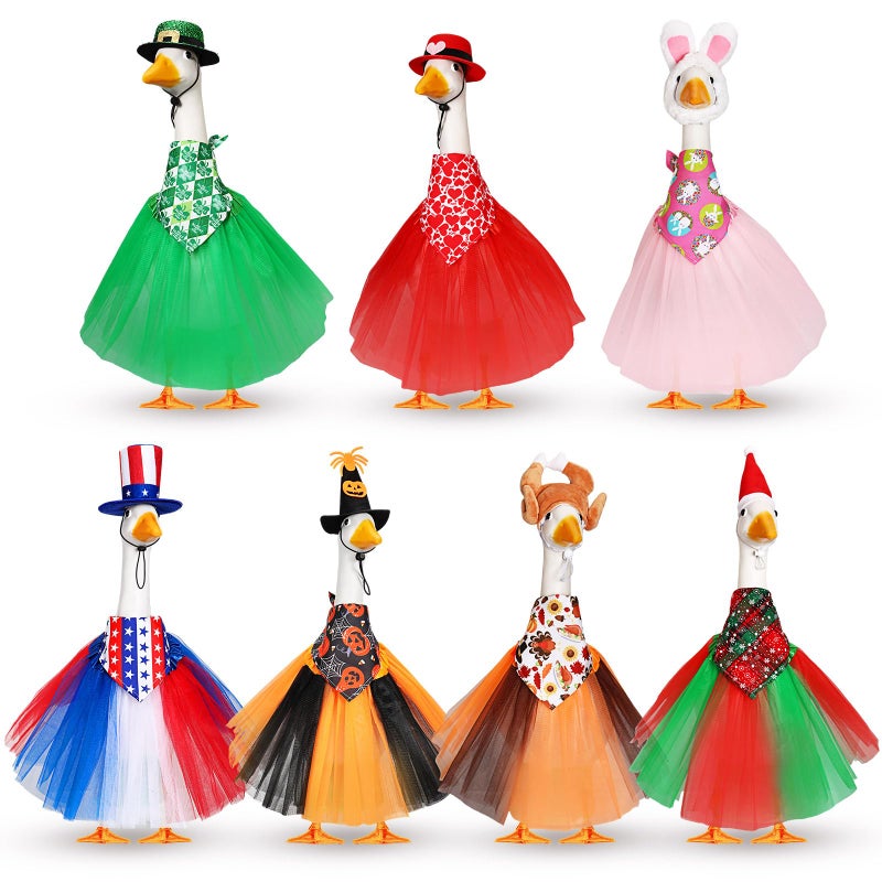 Locmeo 7 Set Holiday Porch Goose Outfits for 23/17" Valentine's Day St. Patrick Easter 4th of July All Seasons Theme Goose Costume Hat Tutu Skirt Bandanna for Patio Yard Decor - Image 1