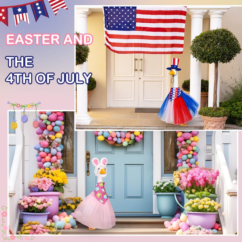 Locmeo 7 Set Holiday Porch Goose Outfits for 23/17" Valentine's Day St. Patrick Easter 4th of July All Seasons Theme Goose Costume Hat Tutu Skirt Bandanna for Patio Yard Decor - Image 5