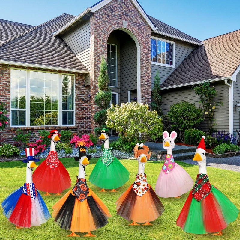Locmeo 7 Set Holiday Porch Goose Outfits for 23/17" Valentine's Day St. Patrick Easter 4th of July All Seasons Theme Goose Costume Hat Tutu Skirt Bandanna for Patio Yard Decor - Image 3