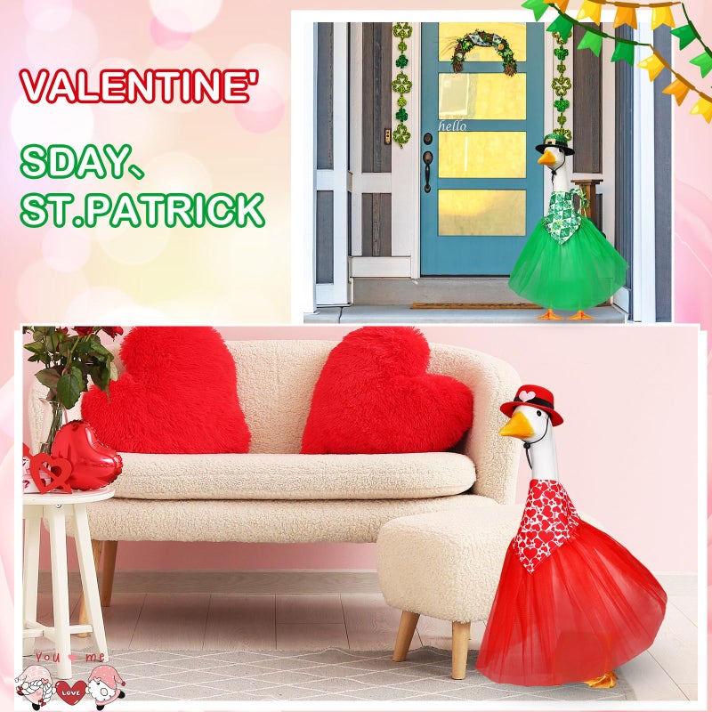 Locmeo 7 Set Holiday Porch Goose Outfits for 23/17" Valentine's Day St. Patrick Easter 4th of July All Seasons Theme Goose Costume Hat Tutu Skirt Bandanna for Patio Yard Decor - Image 4