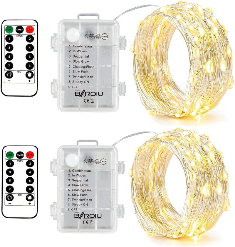 BXROIU 2 x Fairy Lights Battery Operated,Silver Wire Chains 8 Mode 16Ft/5Meter 50 LEDs Timer String Lights with Remote Control for Bedroom Christmas Party Wedding Decoration(Warm White) - Image 1
