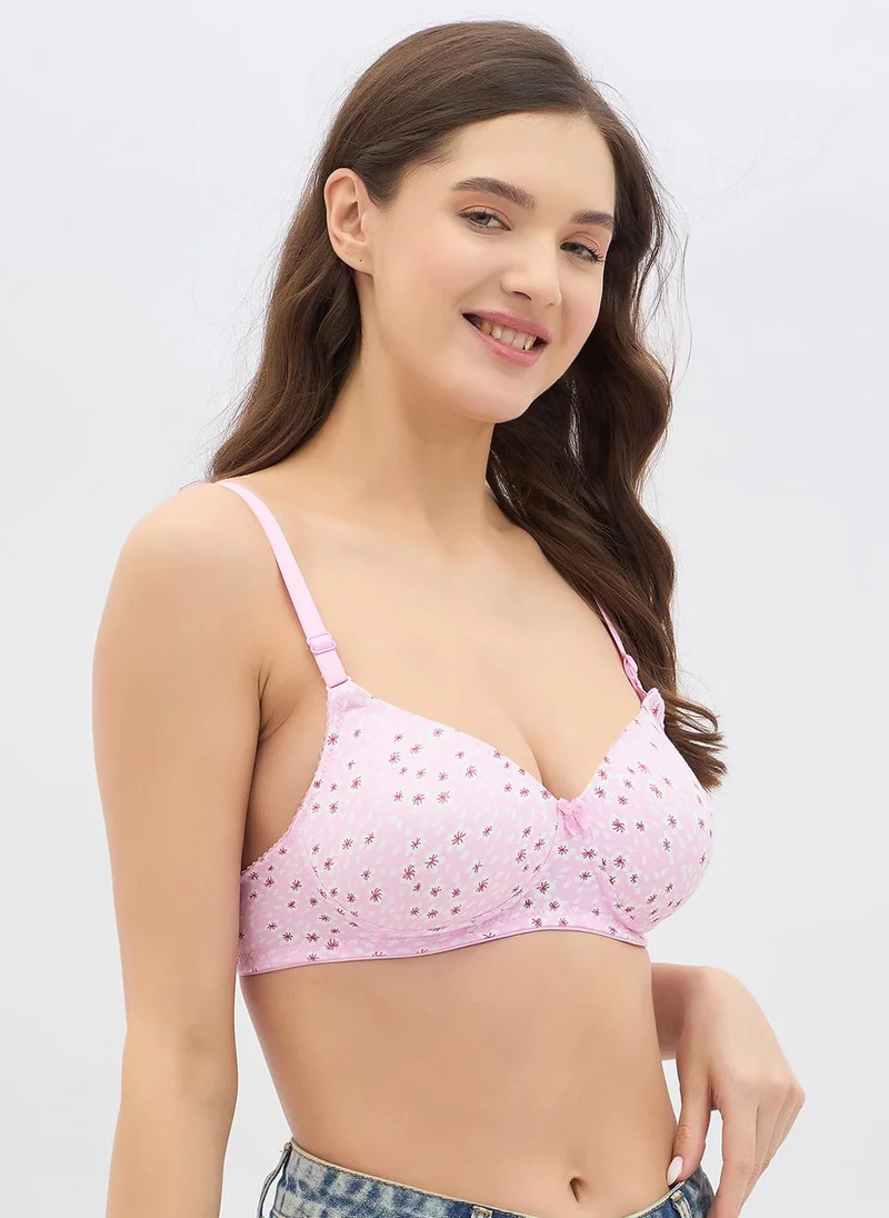 Clovia Pink Clovia Padded Non-Wired Full Coverage Floral Print Multiway T-shirt Bra in Light Pink - Cotton for Women | Best Price UAE