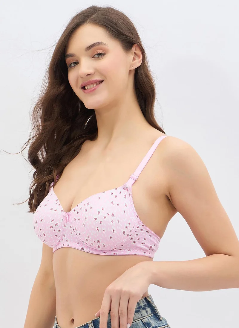 Clovia Pink Clovia Padded Non-Wired Full Coverage Floral Print Multiway T-shirt Bra in Light Pink - Cotton for Women | Best Price UAE