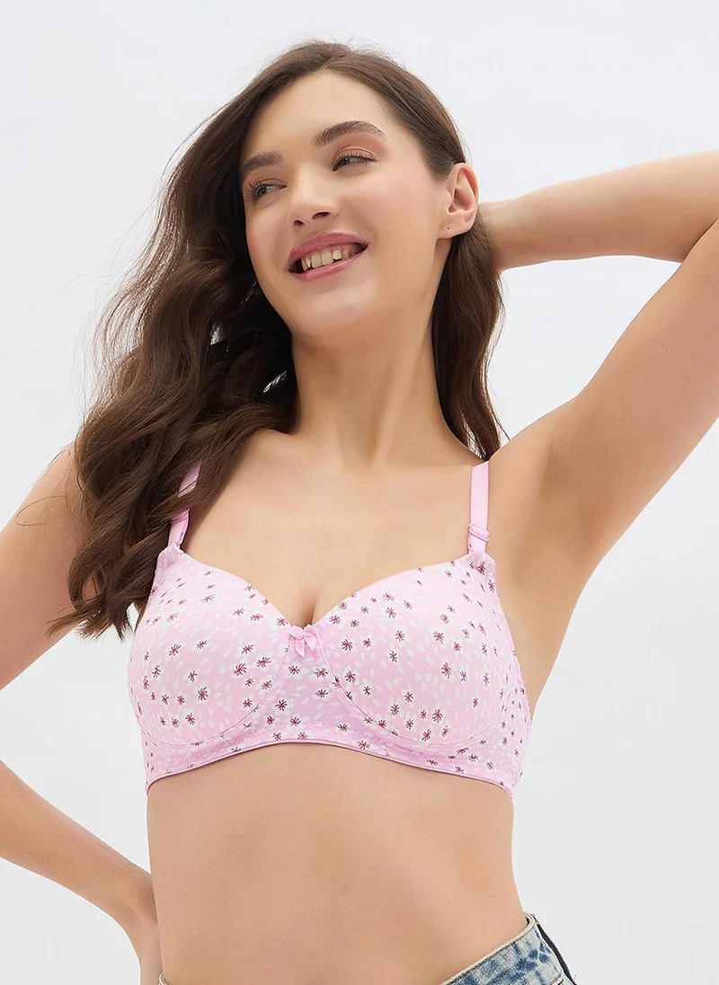 كلوفيا Clovia Padded Non-Wired Full Coverage Floral Print Multiway T-shirt Bra in Light Pink - Cotton