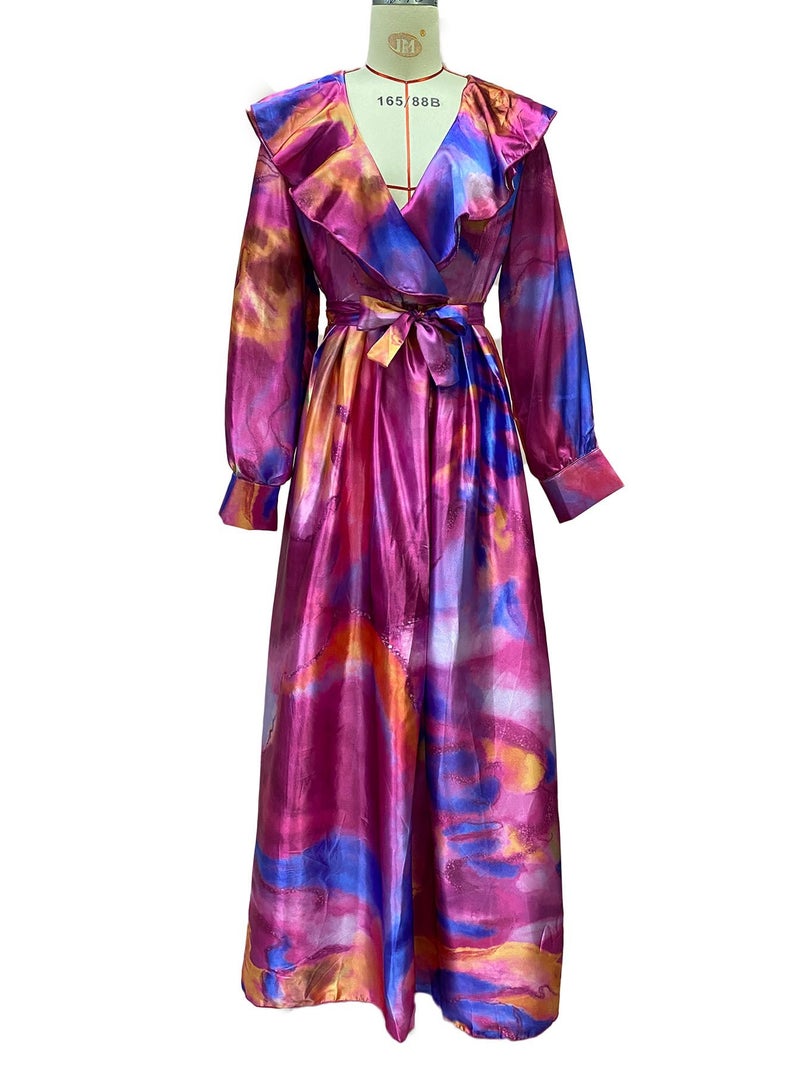 [Paris Show] Four Seasons High-end Large Lapel Lotus Leaf with dress Retro Printed Court Womens dress Ink color - Image 3