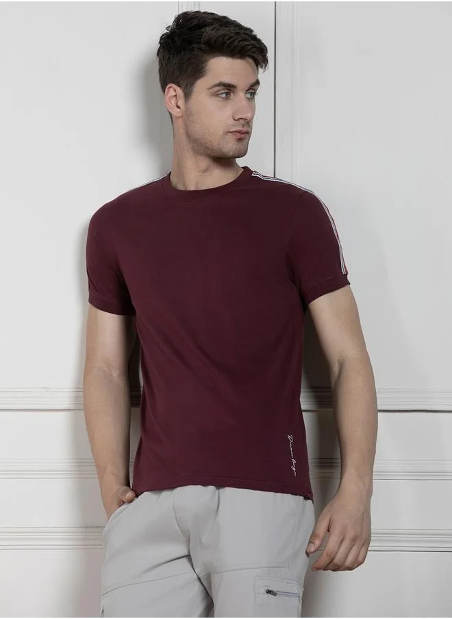 دينيس لينغو Regular Fit Maroon Cotton T-Shirt Crew Neck