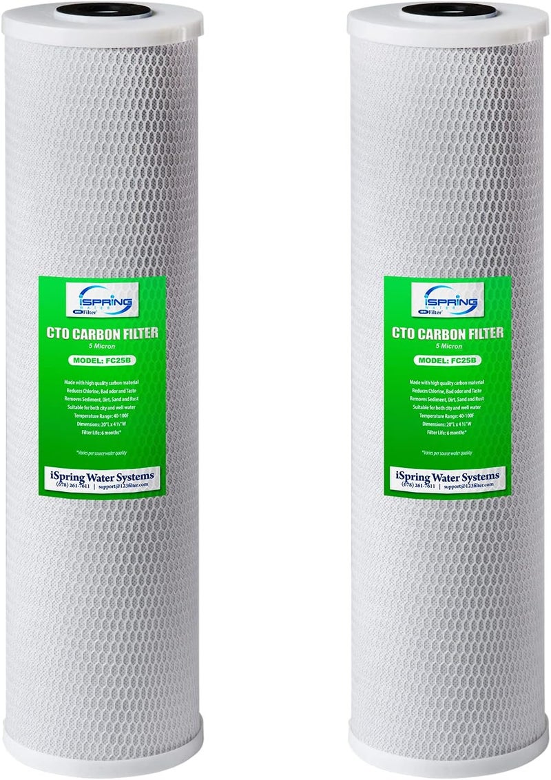 iSpring فلاتر مياه بديلة بسعة عالية FC25BX2 20” x 4.5” - كتلة كربونية CTO - تناسب أنظمة فلاتر المياه المنزلية القياسية 20” x 4.5” - تقلل حتى 99% من الكلور - عبوة من 2 - Image 1