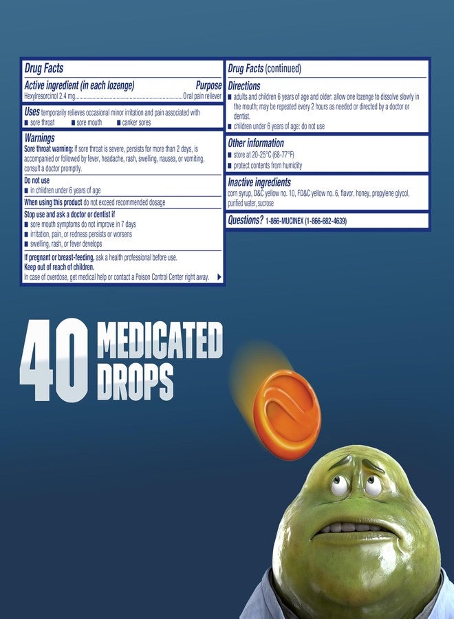 Mucinex Instasoothe Sore Throat Relief Drops, Sore Throat Lozenges, Sore Throat Medicine with Hexylresorcinol, Cough Drops Alternative, Honey & Echinacea Flavor, 40 ct - Image 3