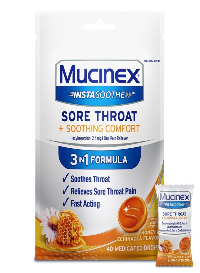 Mucinex Instasoothe Sore Throat Relief Drops, Sore Throat Lozenges, Sore Throat Medicine with Hexylresorcinol, Cough Drops Alternative, Honey & Echinacea Flavor, 40 ct - Image 1