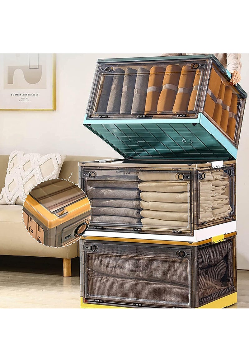 Foldable Storage Box with Lids, 85L Stackable Storage Boxes with Wheels, Storage Container Crate, side Open Transparent Door for Home, Office, Bedroom (Extra large, Mango Yellow)