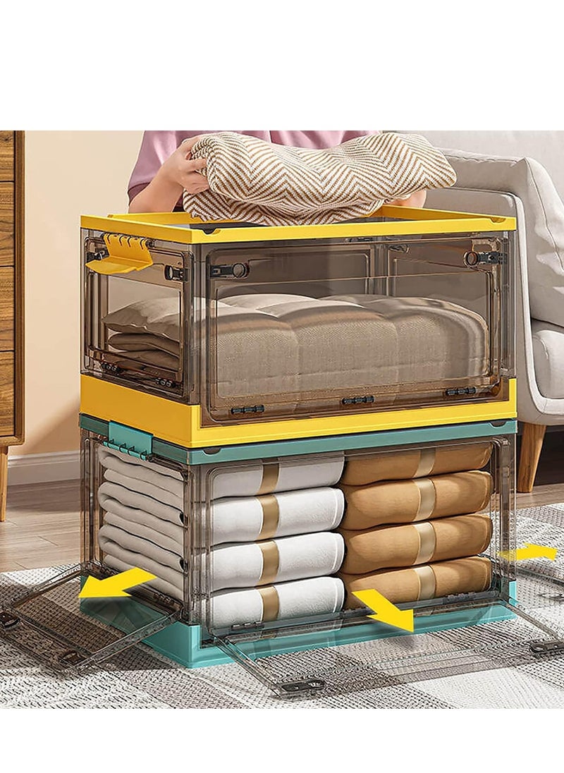 Foldable Storage Box with Lids, 85L Stackable Storage Boxes with Wheels, Storage Container Crate, side Open Transparent Door for Home, Office, Bedroom (Extra large, Mango Yellow)