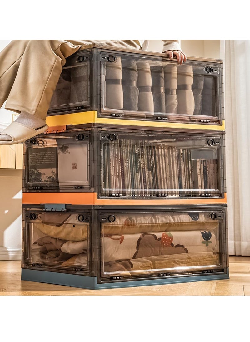 Foldable Storage Box with Lids, 85L Stackable Storage Boxes with Wheels, Storage Container Crate, side Open Transparent Door for Home, Office, Bedroom (Extra large, Mango Yellow)