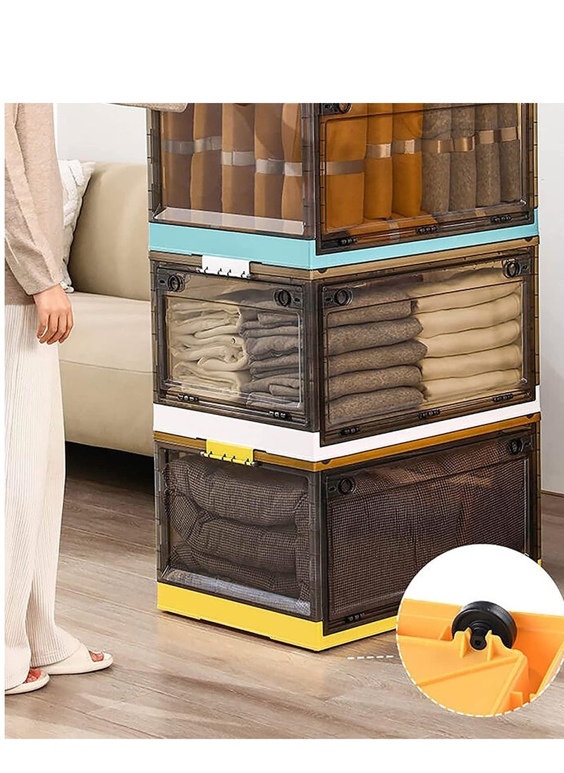 Foldable Storage Box with Lids, 85L Stackable Storage Boxes with Wheels, Storage Container Crate, side Open Transparent Door for Home, Office, Bedroom (Extra large, Mango Yellow)