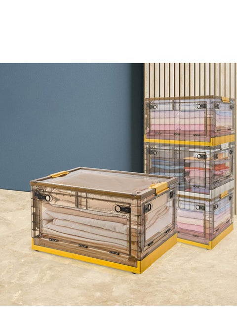 Foldable Storage Box with Lids, 85L Stackable Storage Boxes with Wheels, Storage Container Crate, side Open Transparent Door for Home, Office, Bedroom (Extra large, Mango Yellow)