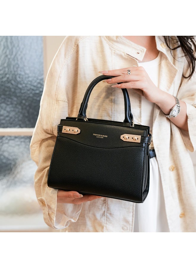 Women's Black Satchel Handbag with Top Handles, Detachable Strap & Gold-Tone  Hardware - Image 4