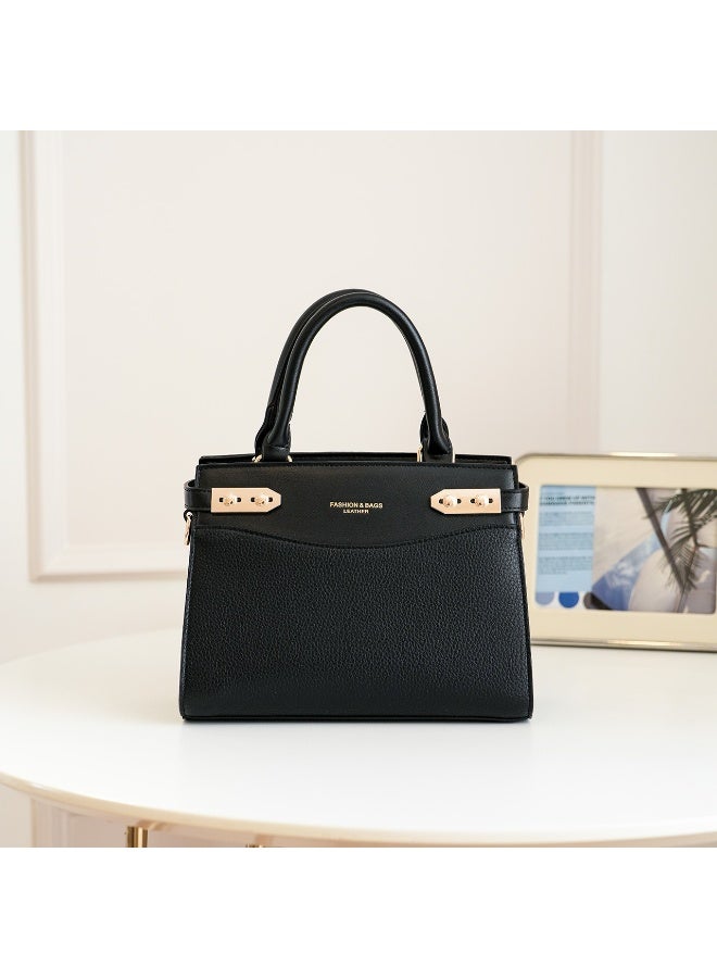 Women's Black Satchel Handbag with Top Handles, Detachable Strap & Gold-Tone  Hardware - Image 3