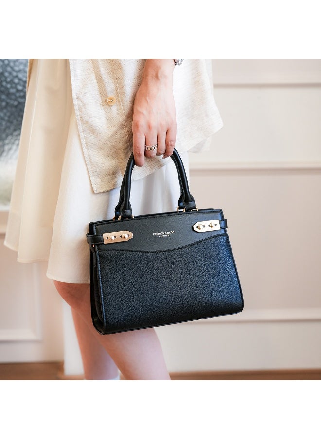 Women's Black Satchel Handbag with Top Handles, Detachable Strap & Gold-Tone  Hardware - Image 5