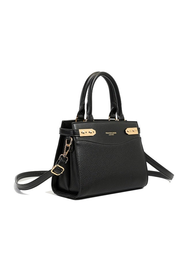 Women's Black Satchel Handbag with Top Handles, Detachable Strap & Gold-Tone  Hardware - Image 2