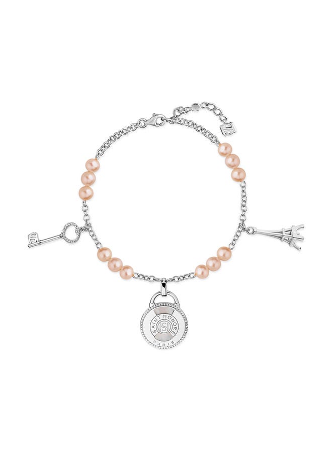 Saint Honore Paris Zoe Rhodium,3 Hanging Charms Pink FreWater Pearls Bracelet - 170+35mm - Image 1