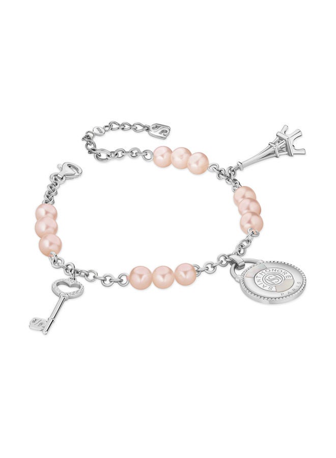 Saint Honore Paris Zoe Rhodium,3 Hanging Charms Pink FreWater Pearls Bracelet - 170+35mm - Image 2