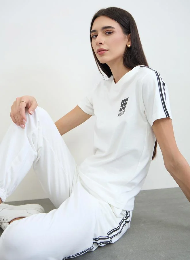 Styli Off White Side Taping Striped Printed T-Shirt and Joggers Set