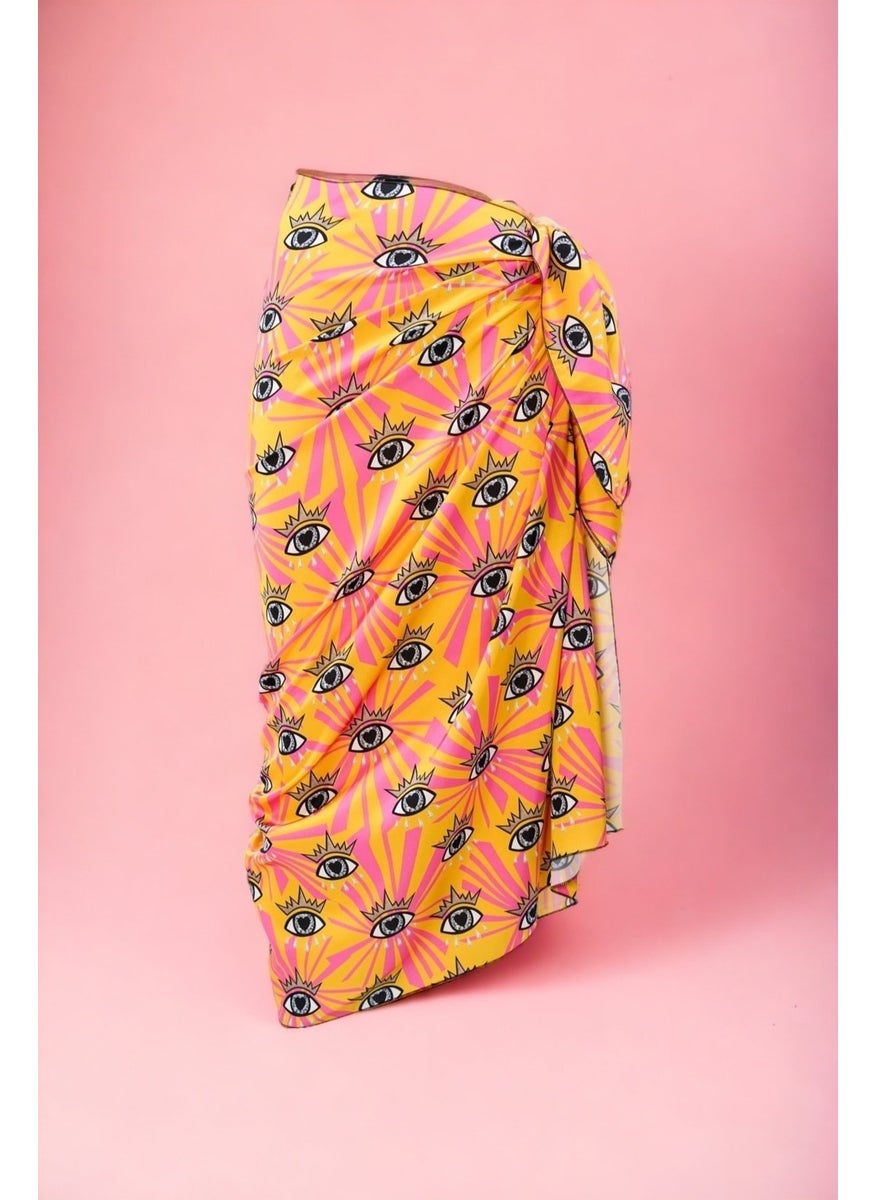 Pistore Yellow Pink Eye Patterned Long Pareo Satin Women's Beach Dress New Season  - Image 1