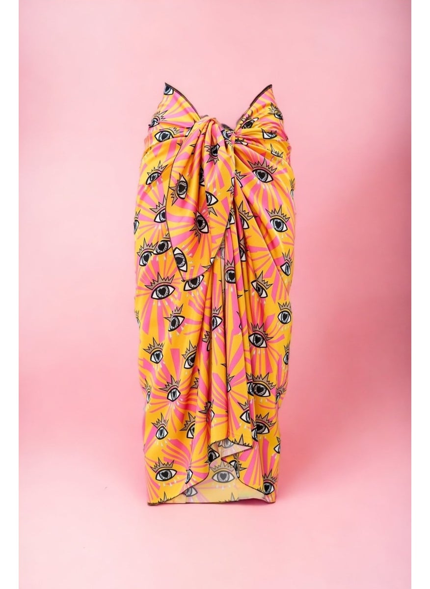 Pistore Yellow Pink Eye Patterned Long Pareo Satin Women's Beach Dress New Season  - Image 2