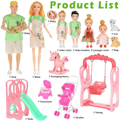 ebuddy Family Dolls Playset with Slide Swing and Baby Stroller  7 People Pets  Accessories for 312 Years Old Toddler Gift - Image 5