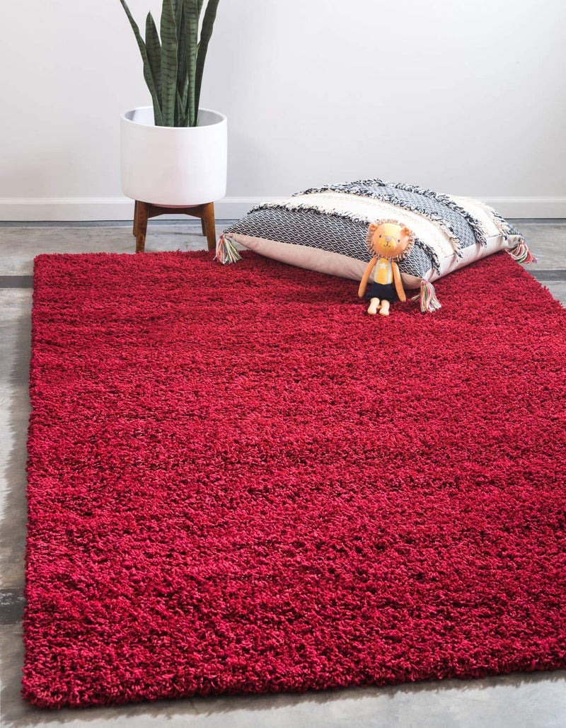 Unique Loom Solid Shag Collection Area Rug 5 1 x 8 Rectangle Cherry Red