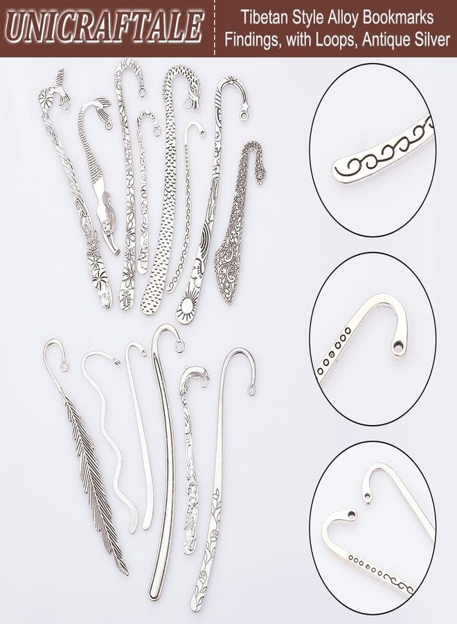 UNICRAFTALE 14pcs 14 Styles Tibetan Style Alloy Bookmarks Findings Antique Silver DIY Vintage Bookmark Unique Carved Hook Pendant Charm Book Marker with Loops for Student Lover Project Gift - Image 5