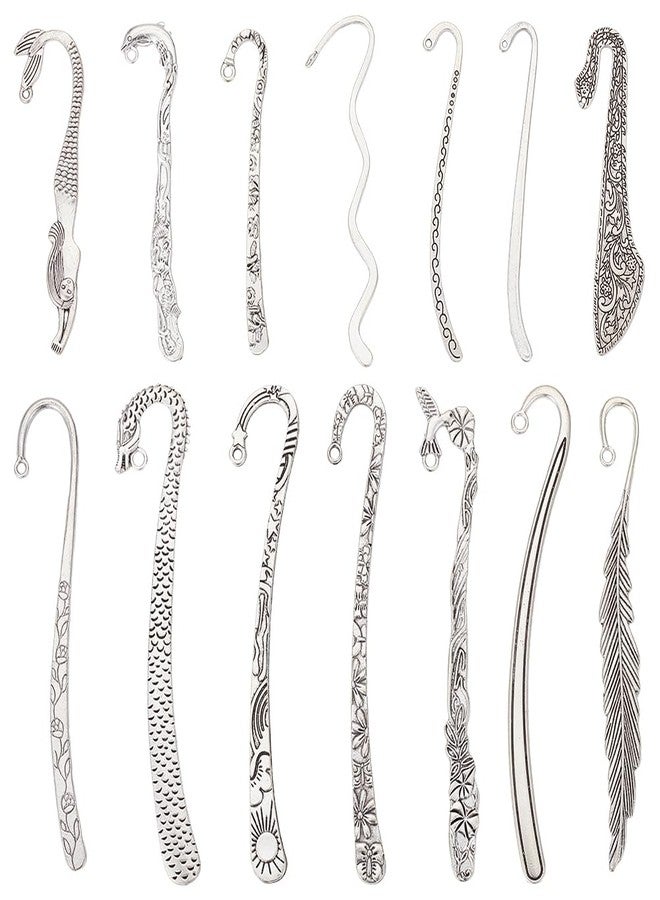 UNICRAFTALE 14pcs 14 Styles Tibetan Style Alloy Bookmarks Findings Antique Silver DIY Vintage Bookmark Unique Carved Hook Pendant Charm Book Marker with Loops for Student Lover Project Gift - Image 1