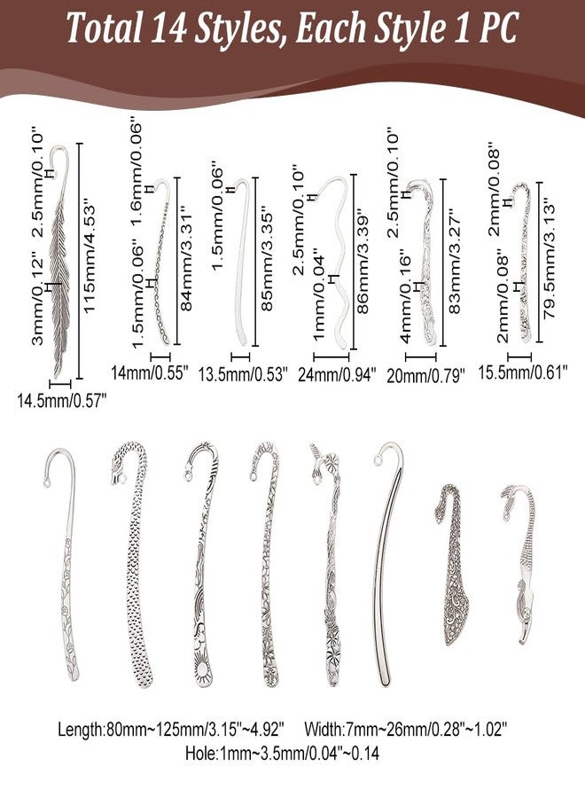 UNICRAFTALE 14pcs 14 Styles Tibetan Style Alloy Bookmarks Findings Antique Silver DIY Vintage Bookmark Unique Carved Hook Pendant Charm Book Marker with Loops for Student Lover Project Gift - Image 3