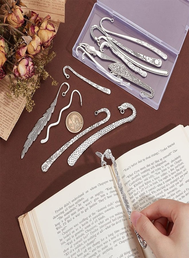 UNICRAFTALE 14pcs 14 Styles Tibetan Style Alloy Bookmarks Findings Antique Silver DIY Vintage Bookmark Unique Carved Hook Pendant Charm Book Marker with Loops for Student Lover Project Gift - Image 2
