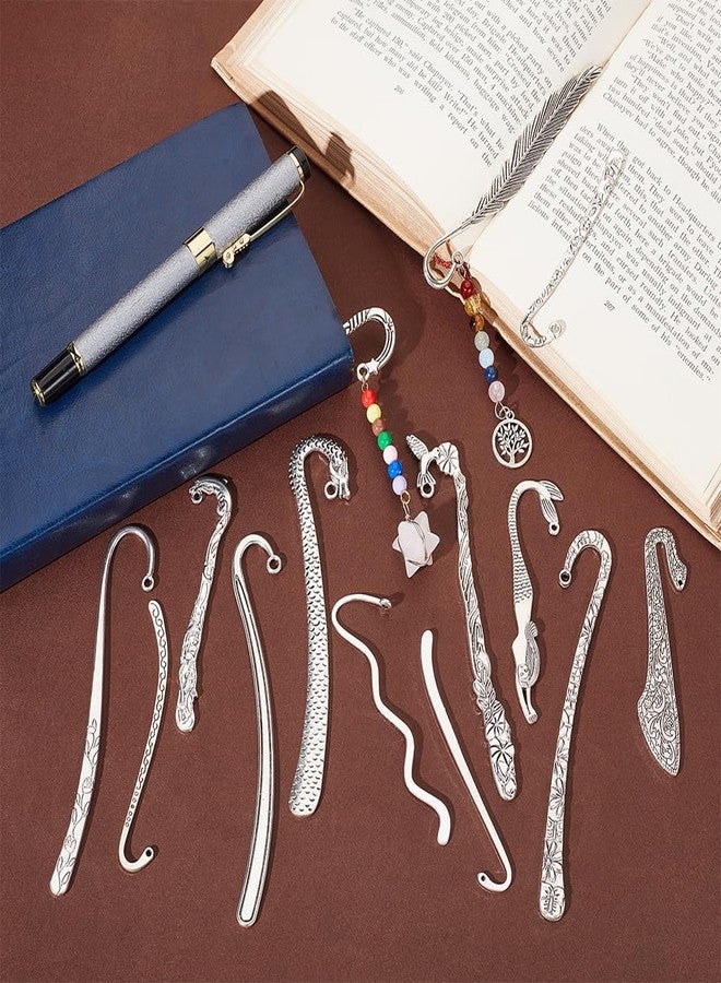 UNICRAFTALE 14pcs 14 Styles Tibetan Style Alloy Bookmarks Findings Antique Silver DIY Vintage Bookmark Unique Carved Hook Pendant Charm Book Marker with Loops for Student Lover Project Gift - Image 4