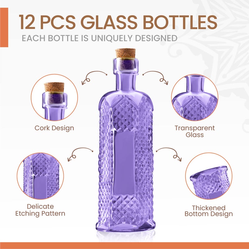 BULK PARADISE Small Mini Purple Vintage Glass Bottles with Corks, Mini Vases, Decorative Glass Bottle, Potion Bottles, Assorted Design Set of 12 pcs, 4.6 Inch Tall (11.43cm), 1.4 Inch Wide (3.56cm) - Image 3