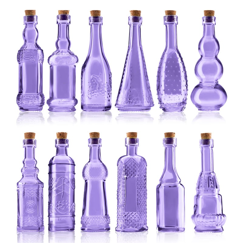 BULK PARADISE Small Mini Purple Vintage Glass Bottles with Corks, Mini Vases, Decorative Glass Bottle, Potion Bottles, Assorted Design Set of 12 pcs, 4.6 Inch Tall (11.43cm), 1.4 Inch Wide (3.56cm) - Image 1