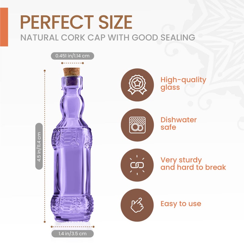 BULK PARADISE Small Mini Purple Vintage Glass Bottles with Corks, Mini Vases, Decorative Glass Bottle, Potion Bottles, Assorted Design Set of 12 pcs, 4.6 Inch Tall (11.43cm), 1.4 Inch Wide (3.56cm) - Image 2
