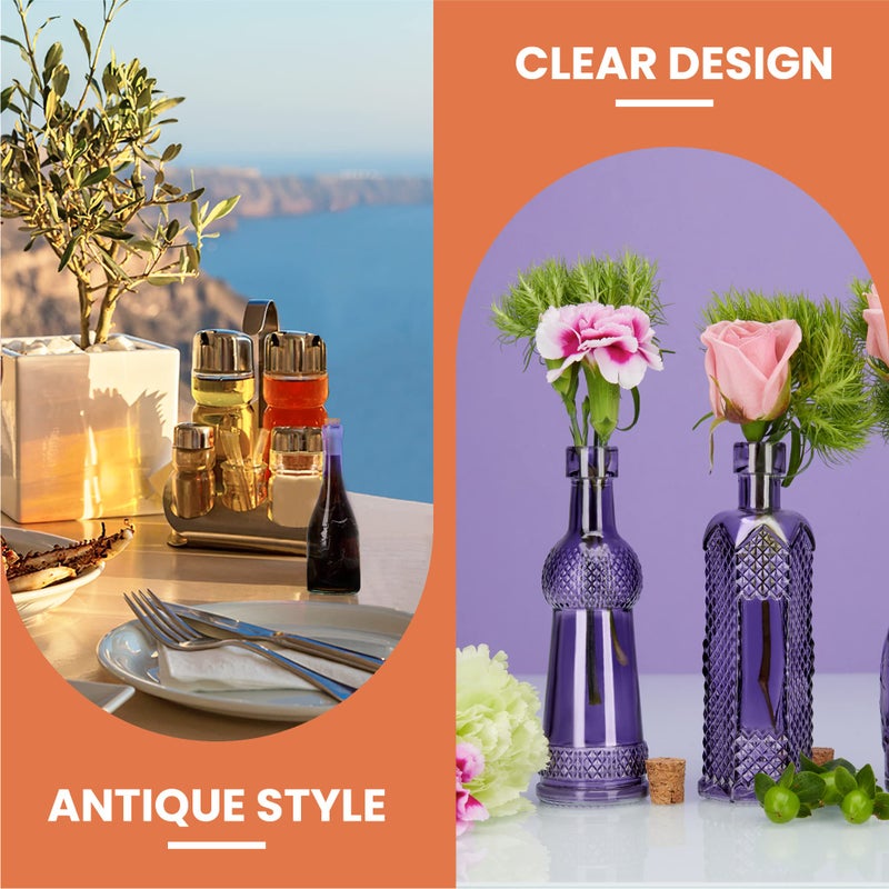 BULK PARADISE Small Mini Purple Vintage Glass Bottles with Corks, Mini Vases, Decorative Glass Bottle, Potion Bottles, Assorted Design Set of 12 pcs, 4.6 Inch Tall (11.43cm), 1.4 Inch Wide (3.56cm) - Image 5