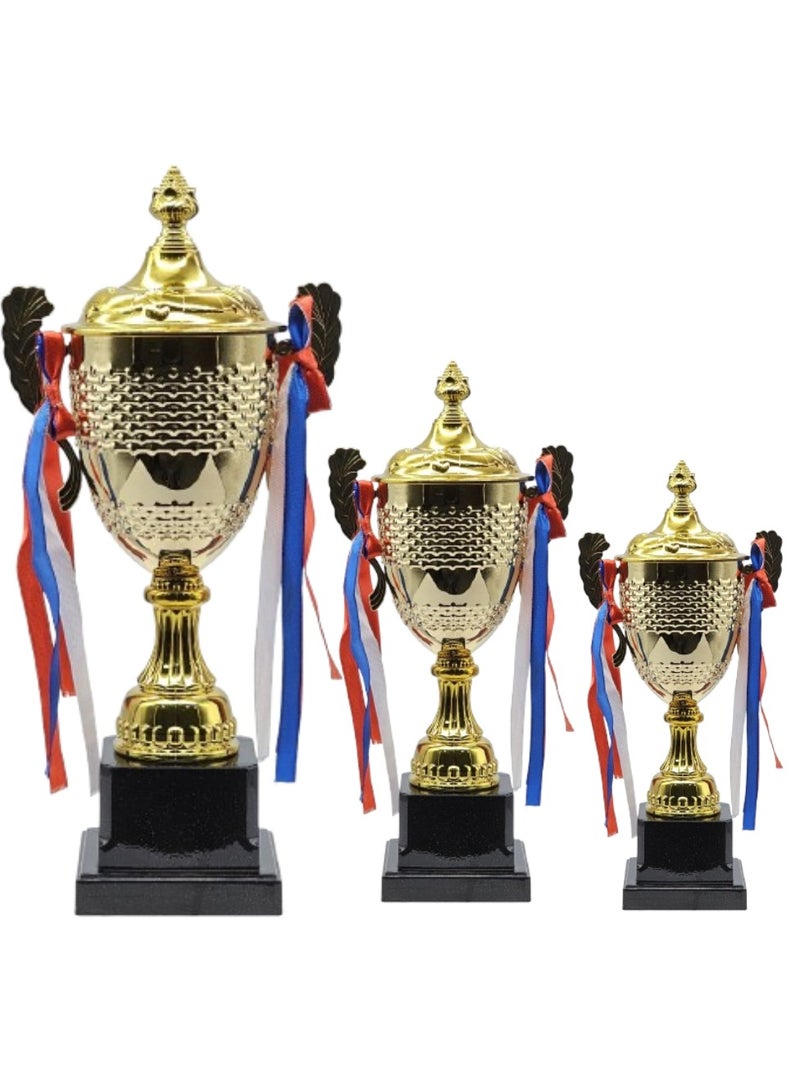 سبال مجموعة من ٣ كؤوس ذهبية معدنية من الحديد - ٣٤ سم، ٣٤ سم، ٢٨ سم | جوائز مميزة للفعاليات الرياضية والبطولات ودوريات كرة القدم والتعاون الجماعي - Image 1