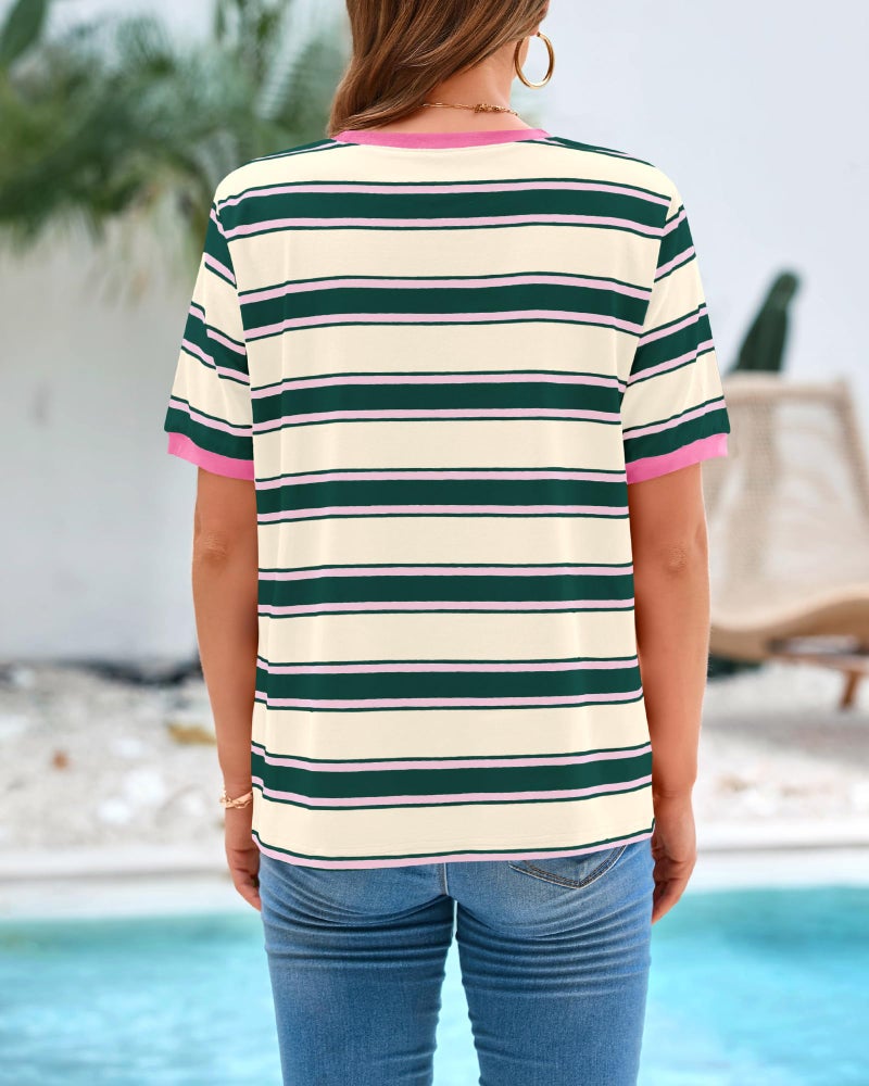 BTFBM Summer Tops for Women 2026 Crewneck Short Sleeve Striped T Shirts Casual Spring Clothes Color Block Basic Tee Blouses(Dark Green Pink, Large) - Image 3