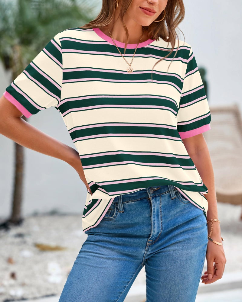 BTFBM Summer Tops for Women 2026 Crewneck Short Sleeve Striped T Shirts Casual Spring Clothes Color Block Basic Tee Blouses(Dark Green Pink, Large) - Image 4