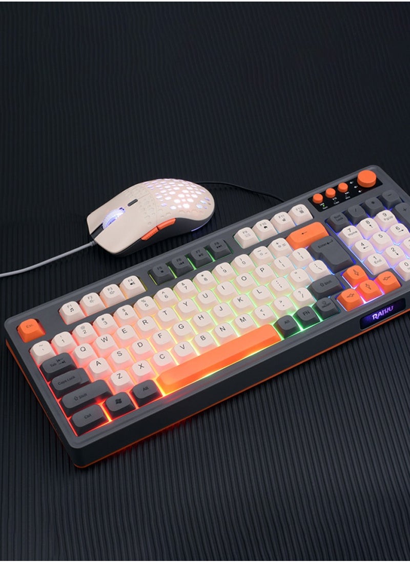 RAIKU - 98-Key Wired Keyboard, Membrane Knob Keyboard, Color-coded Illuminated Mechanical Feeling, Mute, RGB Lighting Effects, Built-in Volume Knob, Suitable for Gaming, Office Use - Image 1