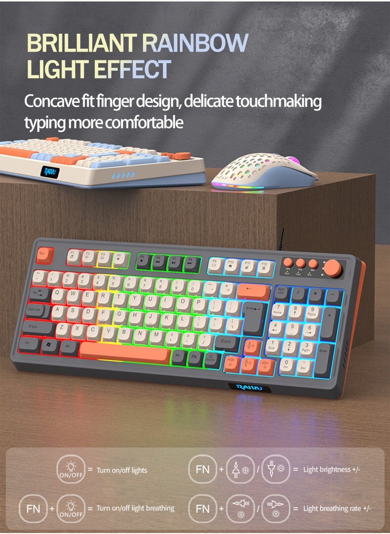RAIKU - 98-Key Wired Keyboard, Membrane Knob Keyboard, Color-coded Illuminated Mechanical Feeling, Mute, RGB Lighting Effects, Built-in Volume Knob, Suitable for Gaming, Office Use - Image 1