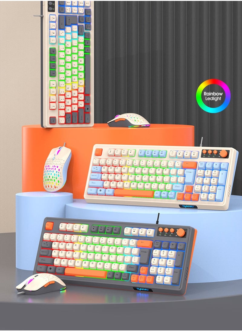 RAIKU - 98-Key Wired Keyboard, Membrane Knob Keyboard, Color-coded Illuminated Mechanical Feeling, Mute, RGB Lighting Effects, Built-in Volume Knob, Suitable for Gaming, Office Use - Image 1