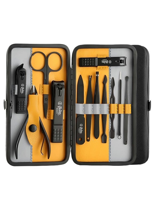 Beaute Secrets Beauté Secrets Essentials Manicure Set Nail Clippers, Stainless Steel Nail Scissors Grooming Kit, Acne needle, Blackhead Tool Leather Travel Case (Grey Yellow) - Image 1