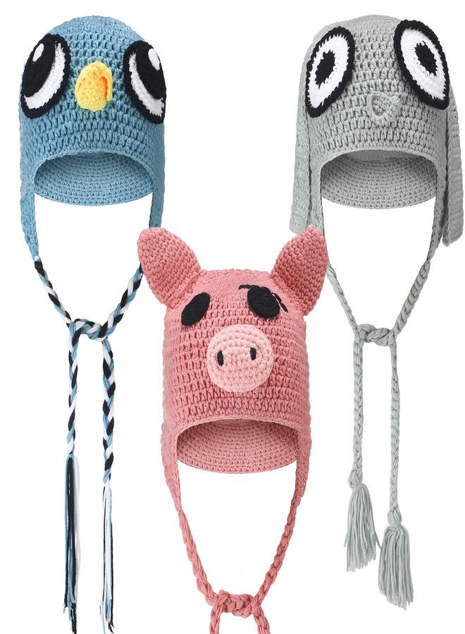 Yearntown 3 Pcs Bird Pig Elephant Hats Pig Elephant World Book Day Book Character Costumes Accessories Crochet Caps with Realistic Eyes for Party Cosplay Dress up - Image 1