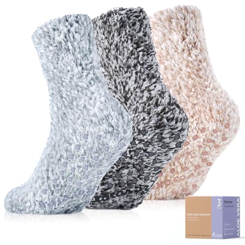 Revosoxs Fuzzy Socks with Grips for Women Men,Non Slip Hospital Crew Cozy Socks with Aloe Vera Perfume(Black+Grey+Brown) - Image 1