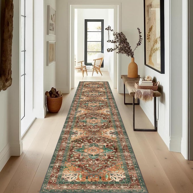 WASHABLE RUNNER RUG 2X12 NONSLIP BOHO VINTAGE HALLWAY RUG RUNNER WITH RUBBER BACKING STAIN RESISTANT LOW PILE DISTRESSED CARPET RUNNER FOR BEDROOM KITCHEN LAUNDRY ENTRANCE