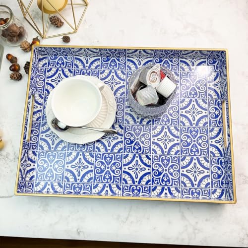 Umisriro Serving Tray with Handles, Rectangular Decorative Trays for Coffee Table, Plastic Ottoman Tray for Living Room, Decor, Boho Blue, 15.7”*11.8”*1.6" - Image 2